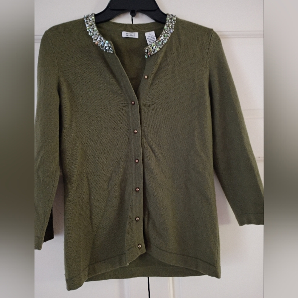 Olive Embellished Cardigan Cashmere &Wool..New Condition.Pit To Pit 17"Length 24 - Picture 2 of 8